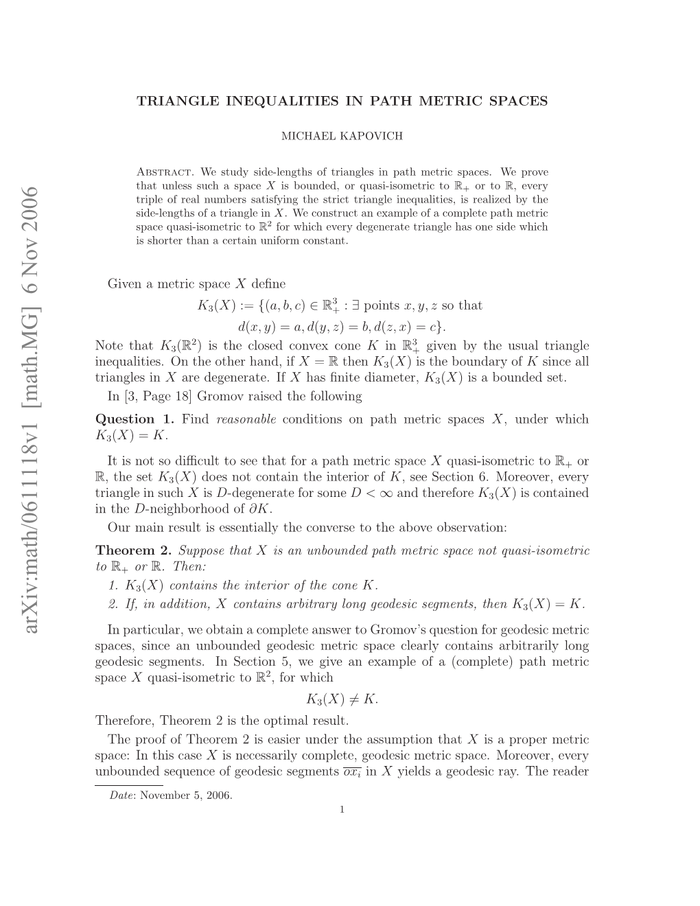 [Math.MG] 6 Nov 2006 Oethat Note Nqaiis Nteohrhn,If Hand, Other the on Inequalities