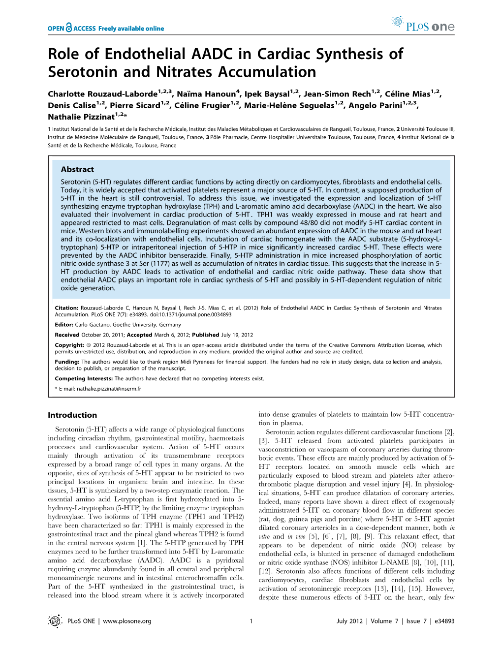 Role of Endothelial AADC in Cardiac Synthesis of Serotonin and Nitrates Accumulation