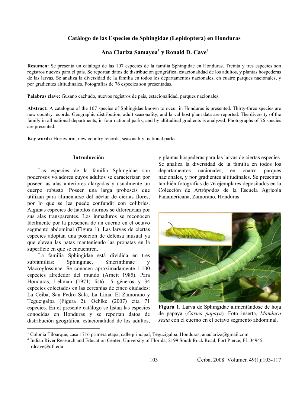 Catálogo De Las Especies De Sphingidae (Lepidoptera) En Honduras