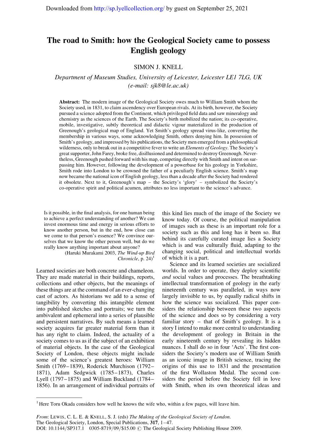 The Road to Smith: How the Geological Society Came to Possess English Geology