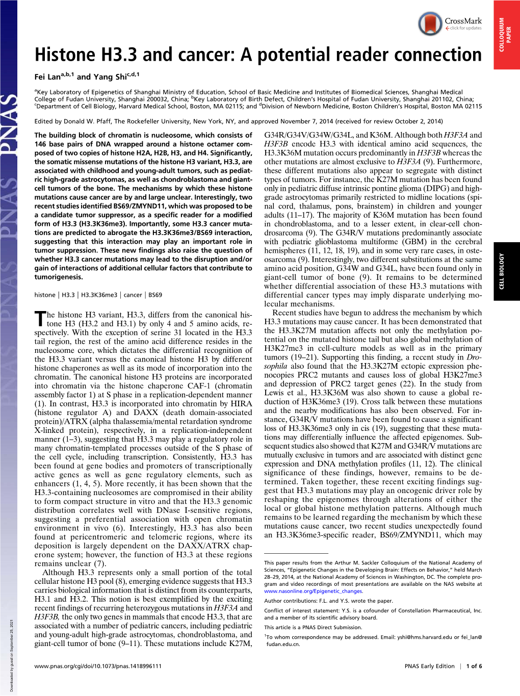 Histone H3.3 and Cancer: a Potential Reader Connection COLLOQUIUM