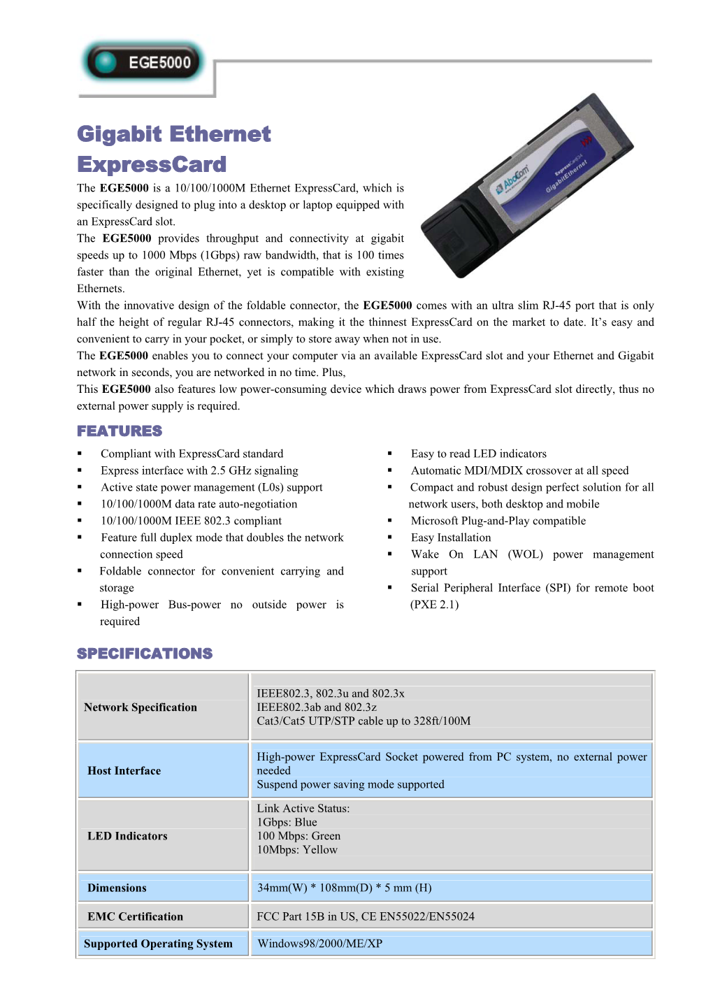 Gigabit Ethernet Expresscard