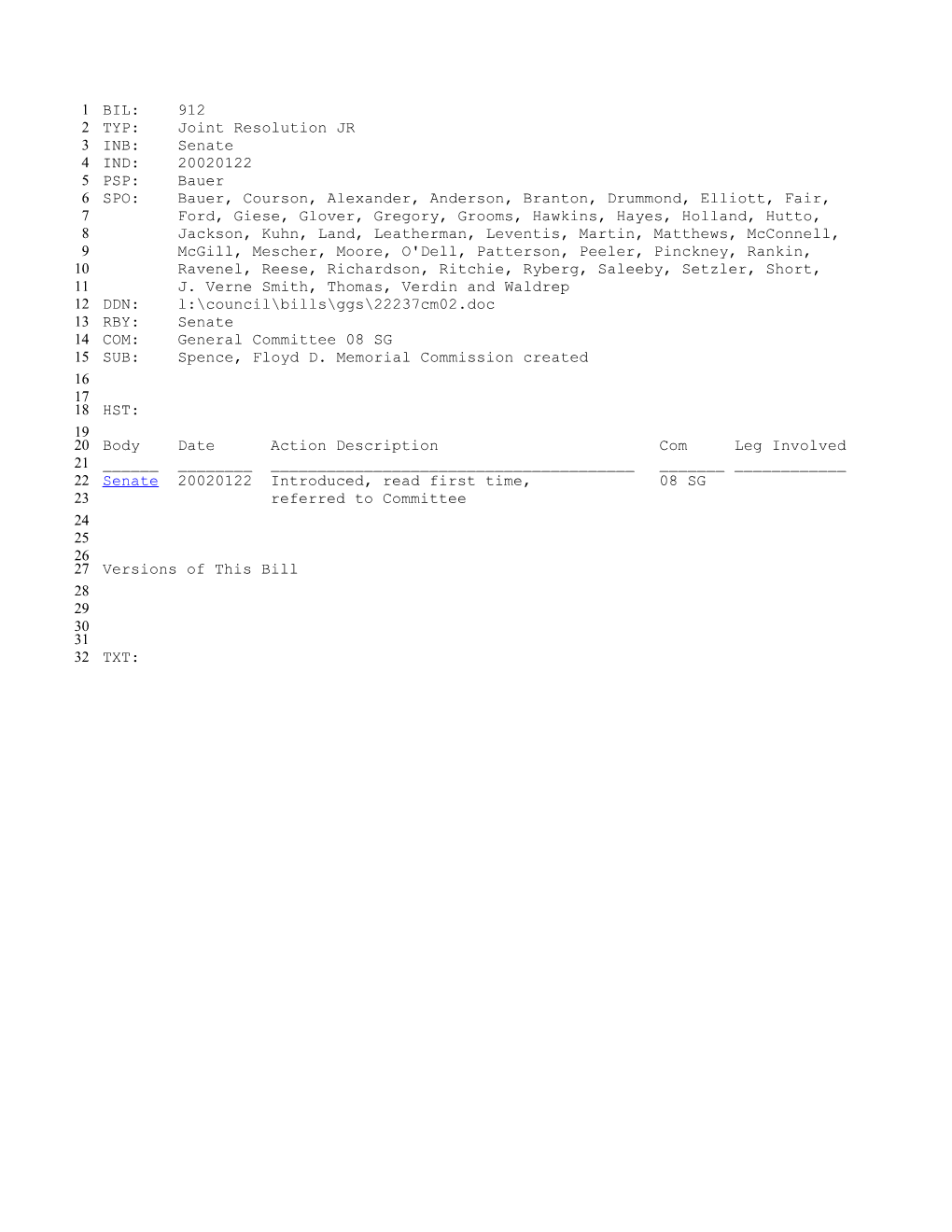 2001-2002 Bill 912: Spence, Floyd D. Memorial Commission Created - South Carolina Legislature