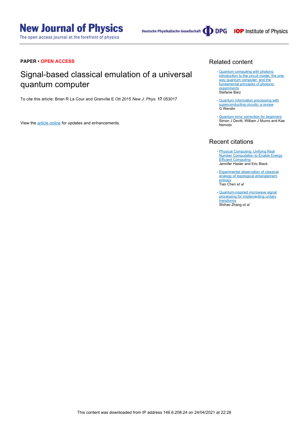 Signal-Based Classical Emulation of a Universal Quantum Computer