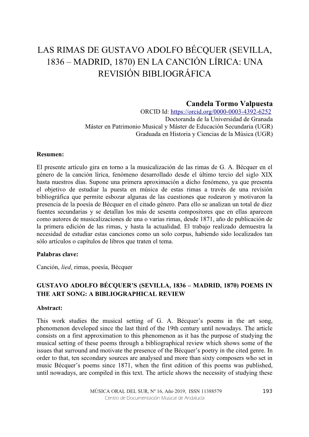 Las Rimas De Gustavo Adolfo Bécquer (Sevilla, 1836 – Madrid, 1870) En La Canción Lírica: Una Revisión Bibliográfica