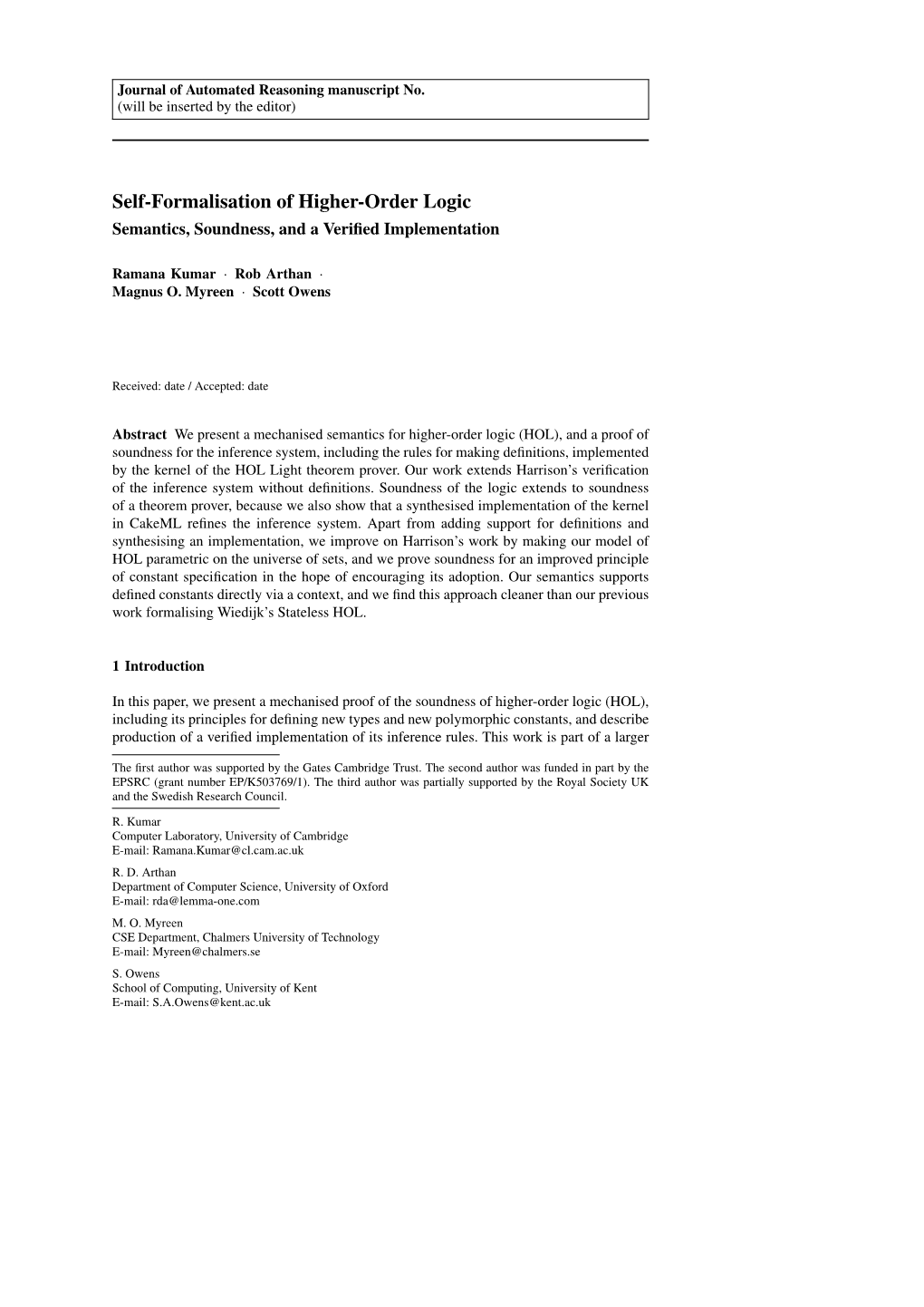 Self-Formalisation of Higher-Order Logic Semantics, Soundness, and a Veriﬁed Implementation