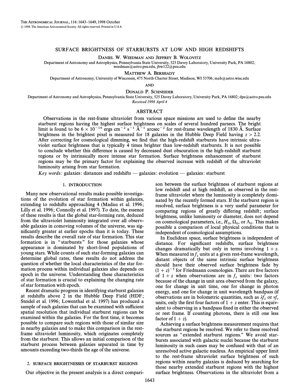 Surface Brightness of Starbursts at Low and High Redshifts Daniel W. And