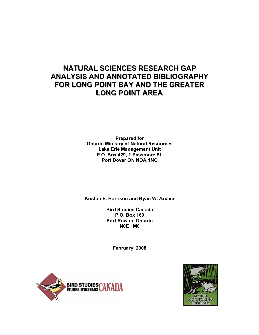 Natural Sciences Research Gap Analysis and Annotated Bibliography for Long Point Bay and the Greater Long Point Area