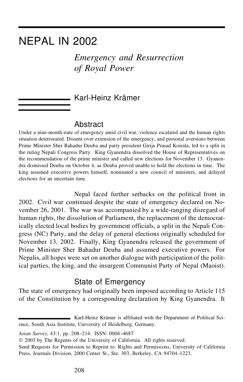 Nepal in 2002: Emergency and Resurrection of Royal Power