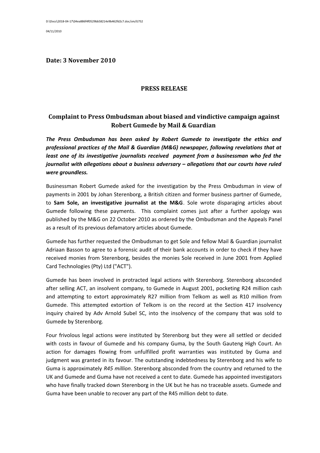 Complaint to Press Ombudsman About Biased and Vindictive Campaign Against Robert Gumede