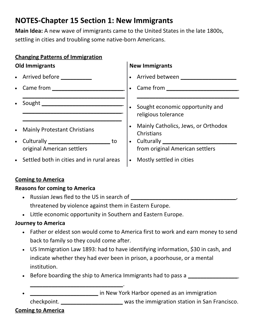 NOTES-Chapter 15 Section 1: New Immigrants