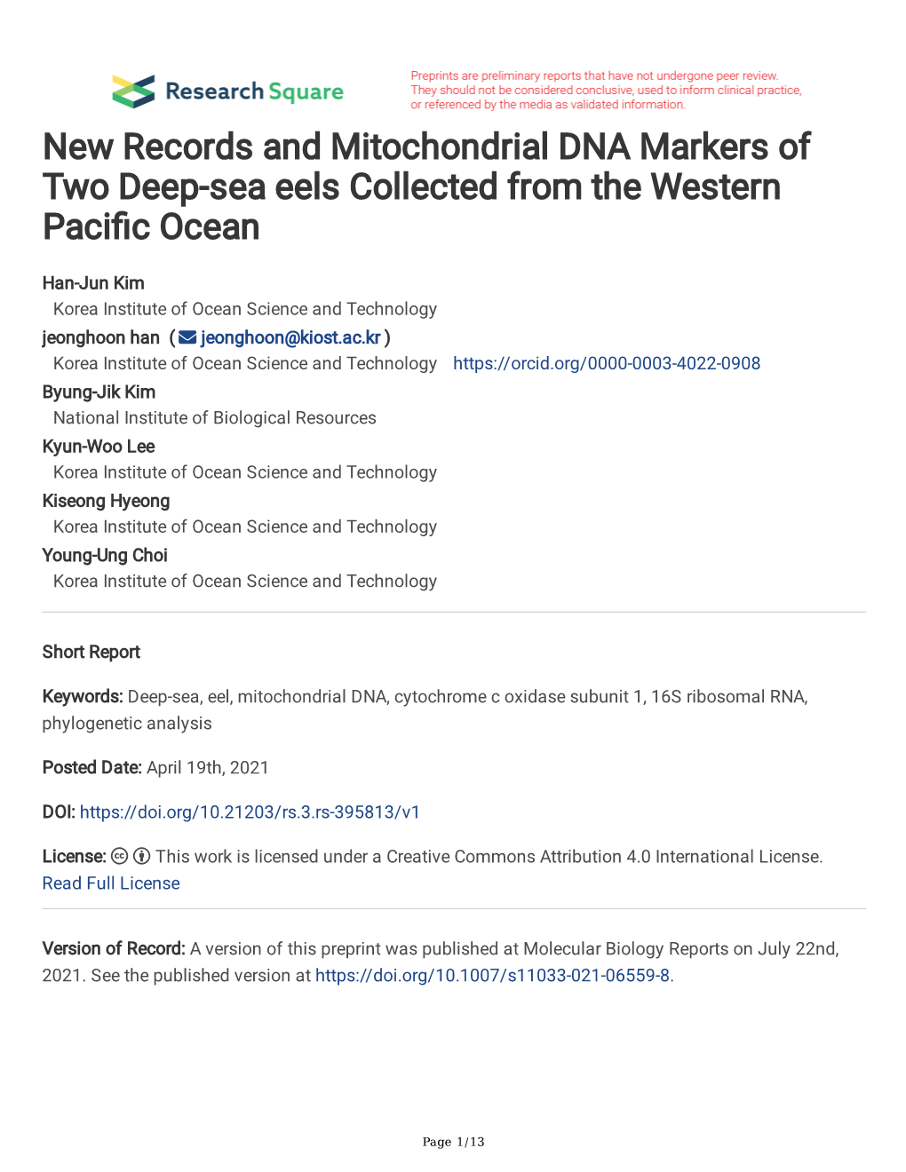 New Records and Mitochondrial DNA Markers of Two Deep-Sea Eels Collected from the Western Pacifc Ocean