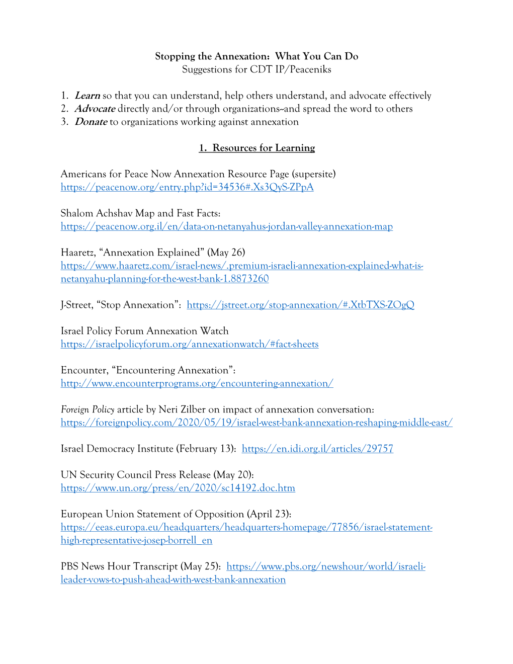 Stopping the Annexation: What You Can Do Suggestions for CDT IP/Peaceniks
