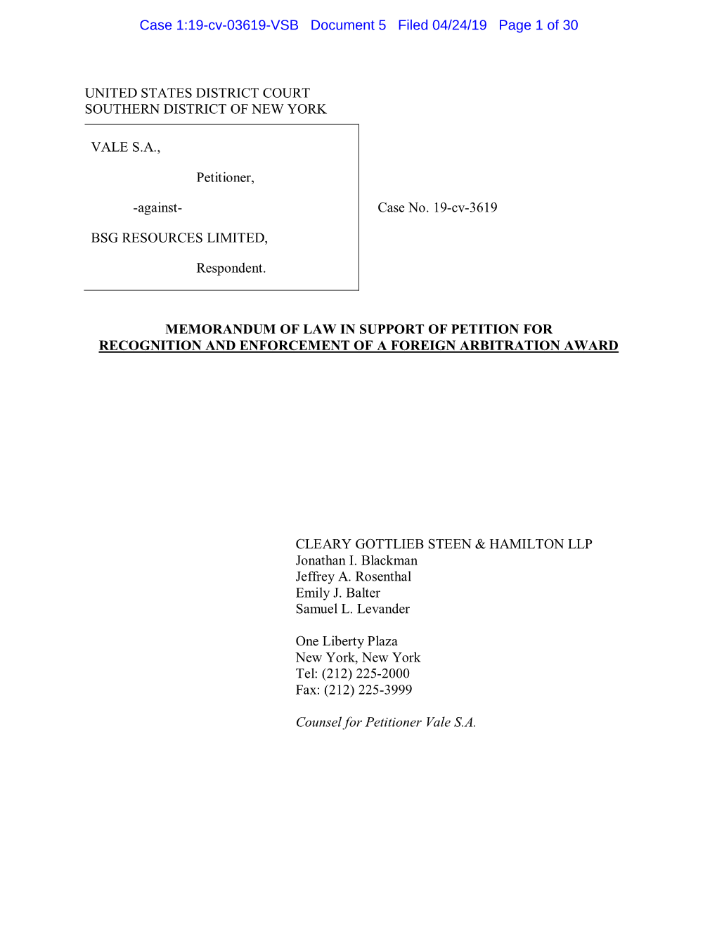 Case 1:19-Cv-03619-VSB Document 5 Filed 04/24/19 Page 1 of 30