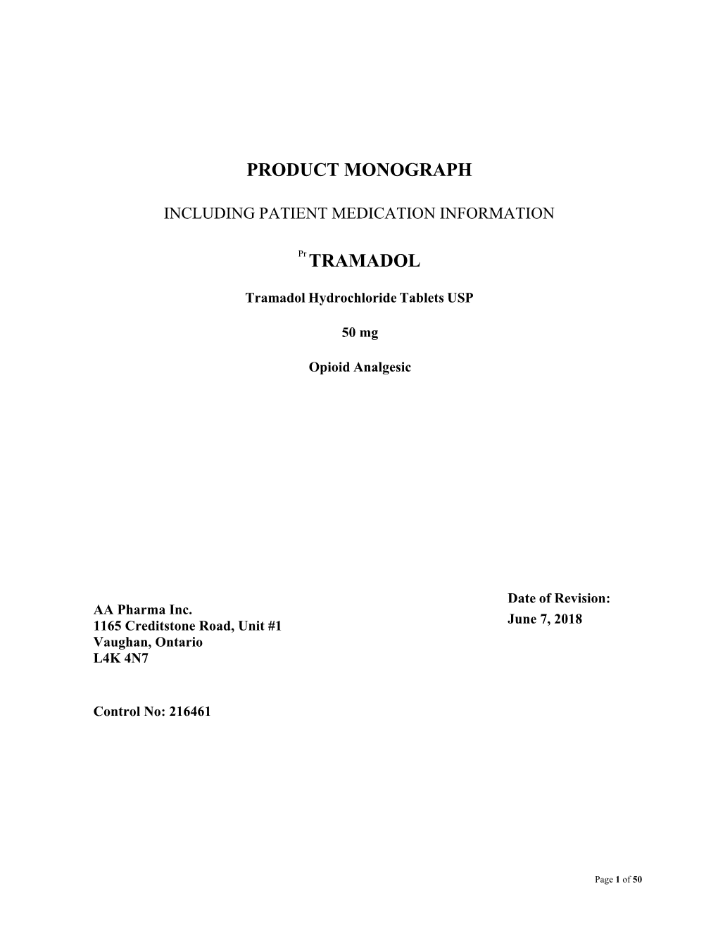 PRODUCT MONOGRAPH Pr TRAMADOL