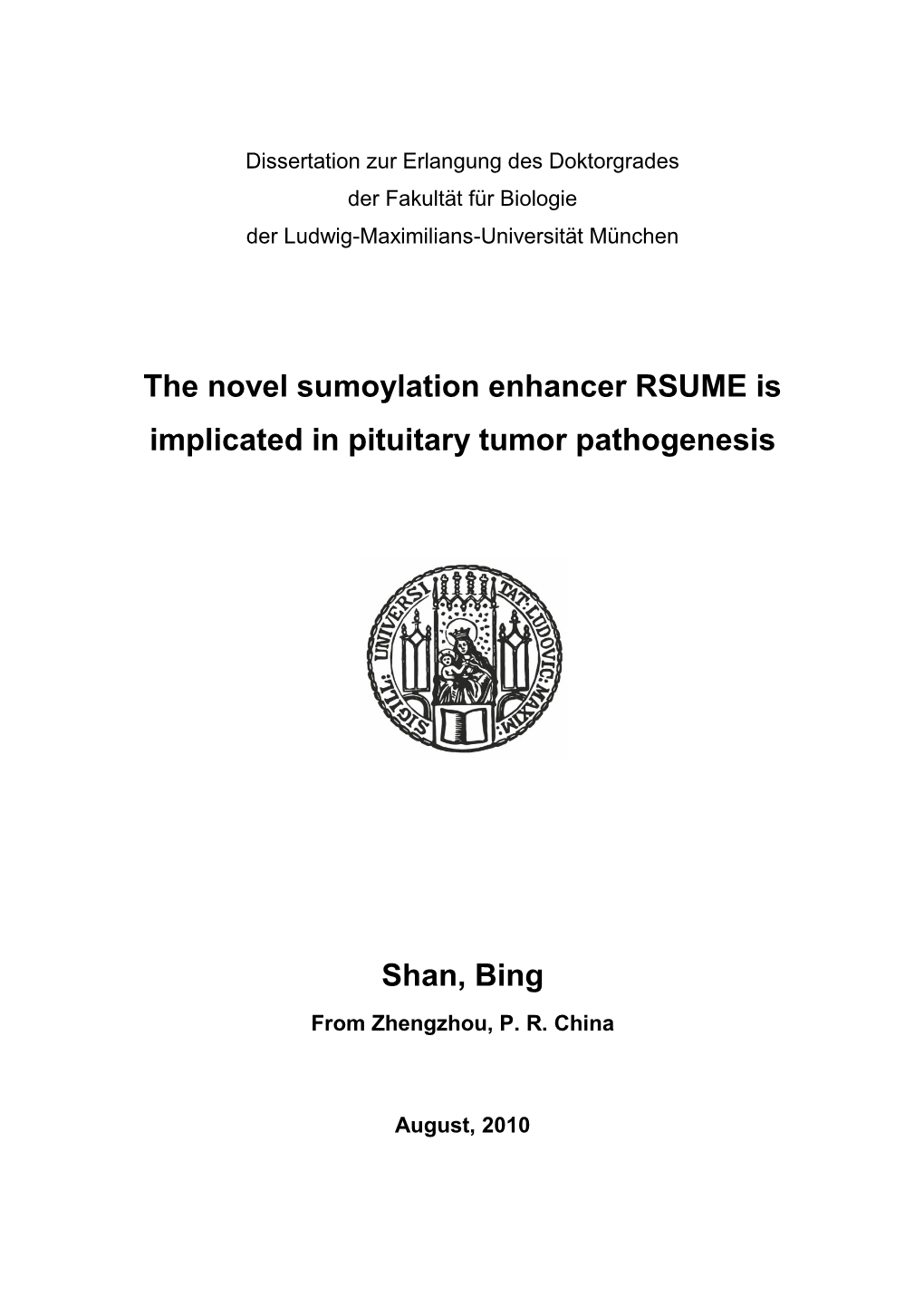 The Novel Sumoylation Enhancer RSUME Is Implicated in Pituitary Tumor Pathogenesis