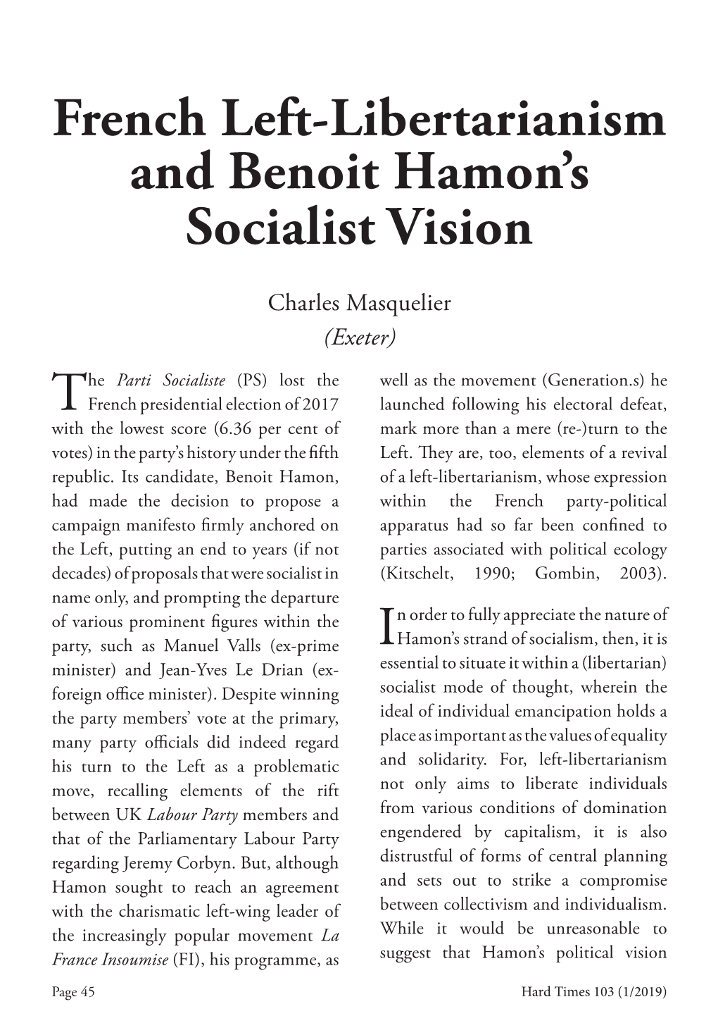 French Left-Libertarianism and Benoit Hamon's Socialist Vision