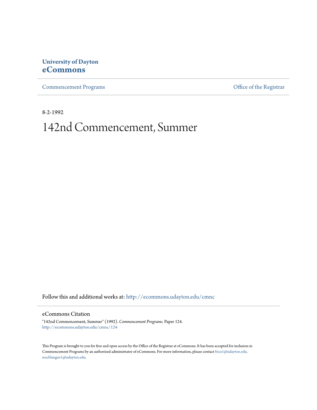 142Nd Commencement, Summer