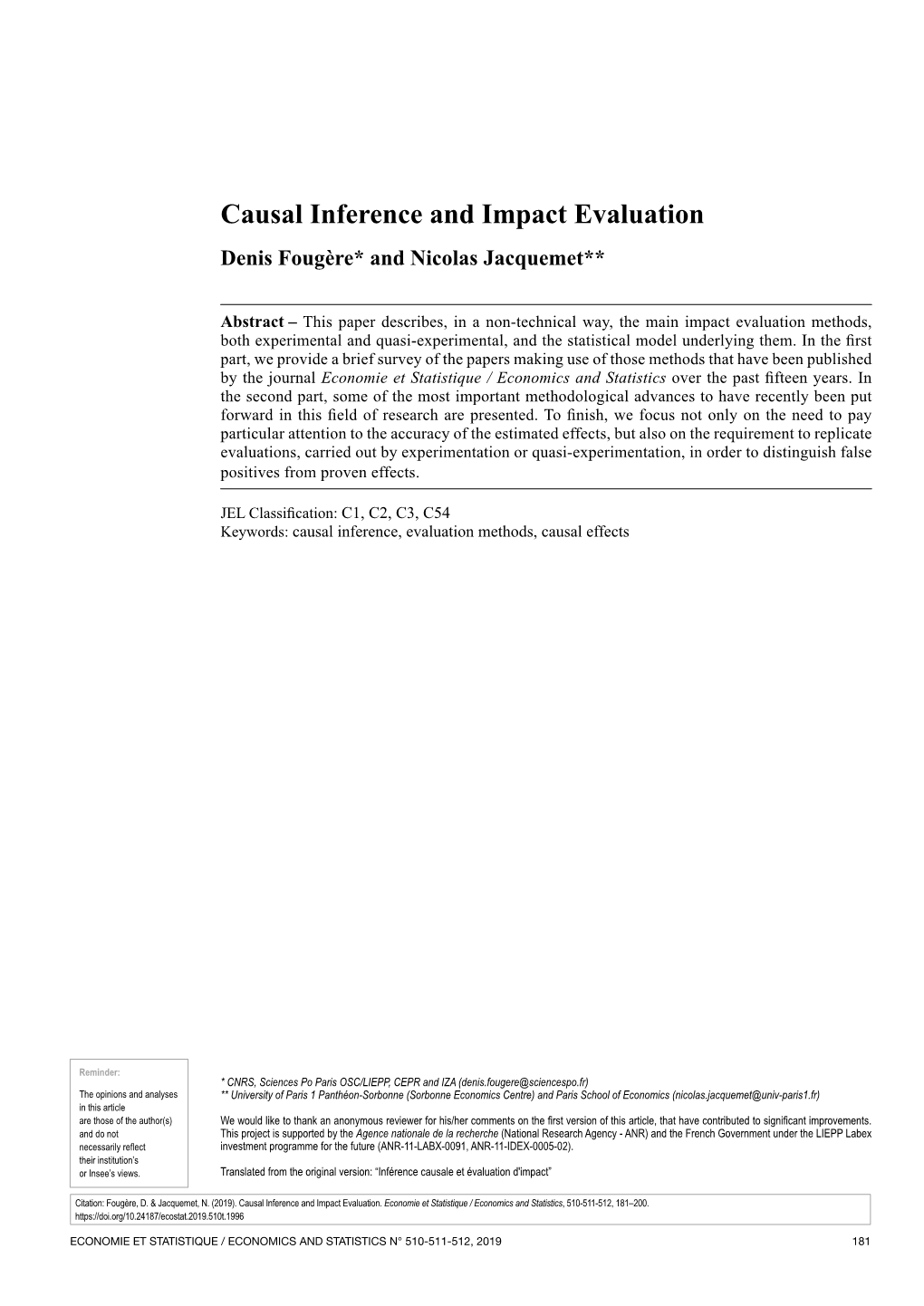 Causal Inference and Impact Evaluation Denis Fougère* and Nicolas Jacquemet**