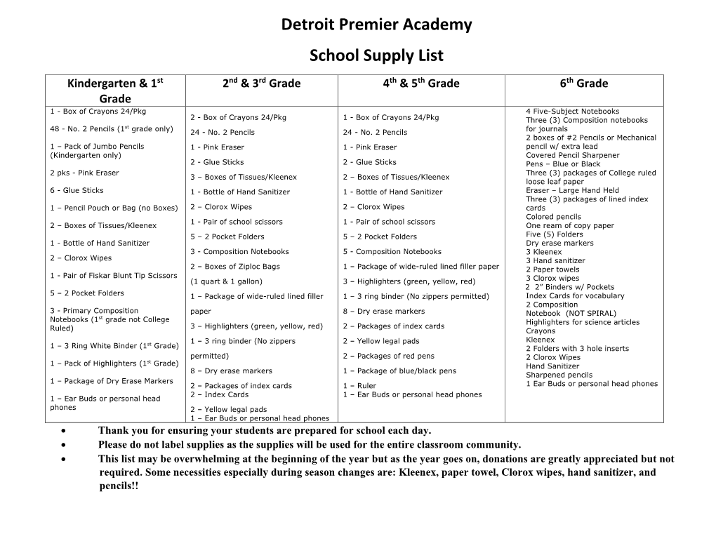 Detroit Premier Academy School Supply List