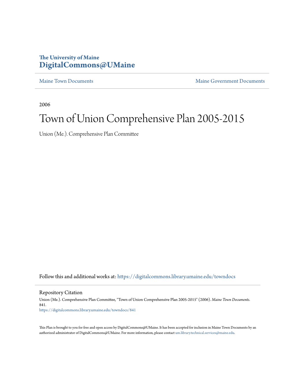 Town of Union Comprehensive Plan 2005-2015 Union (Me.)