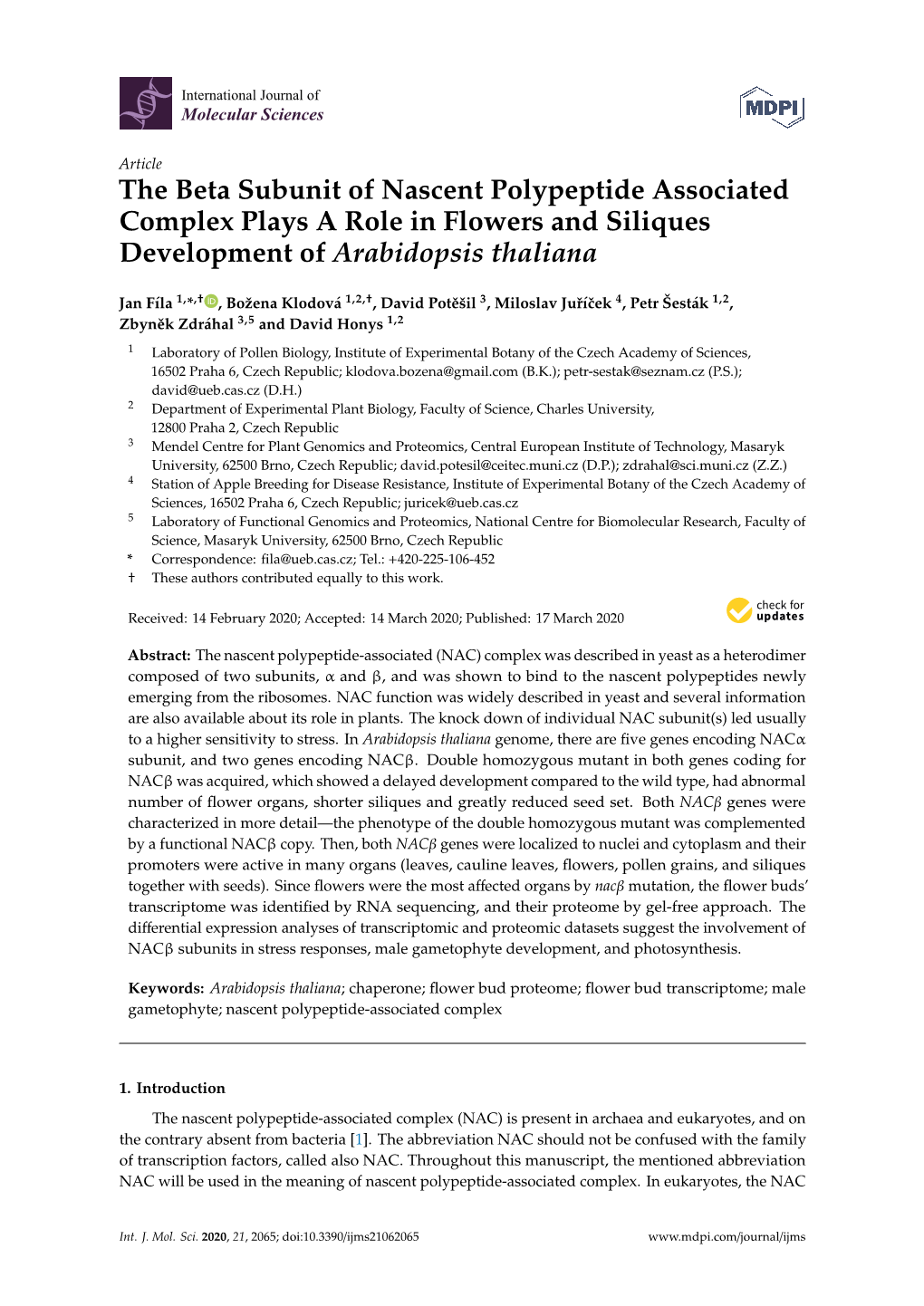 The Beta Subunit of Nascent Polypeptide Associated Complex Plays a Role in Flowers and Siliques Development of Arabidopsis Thaliana