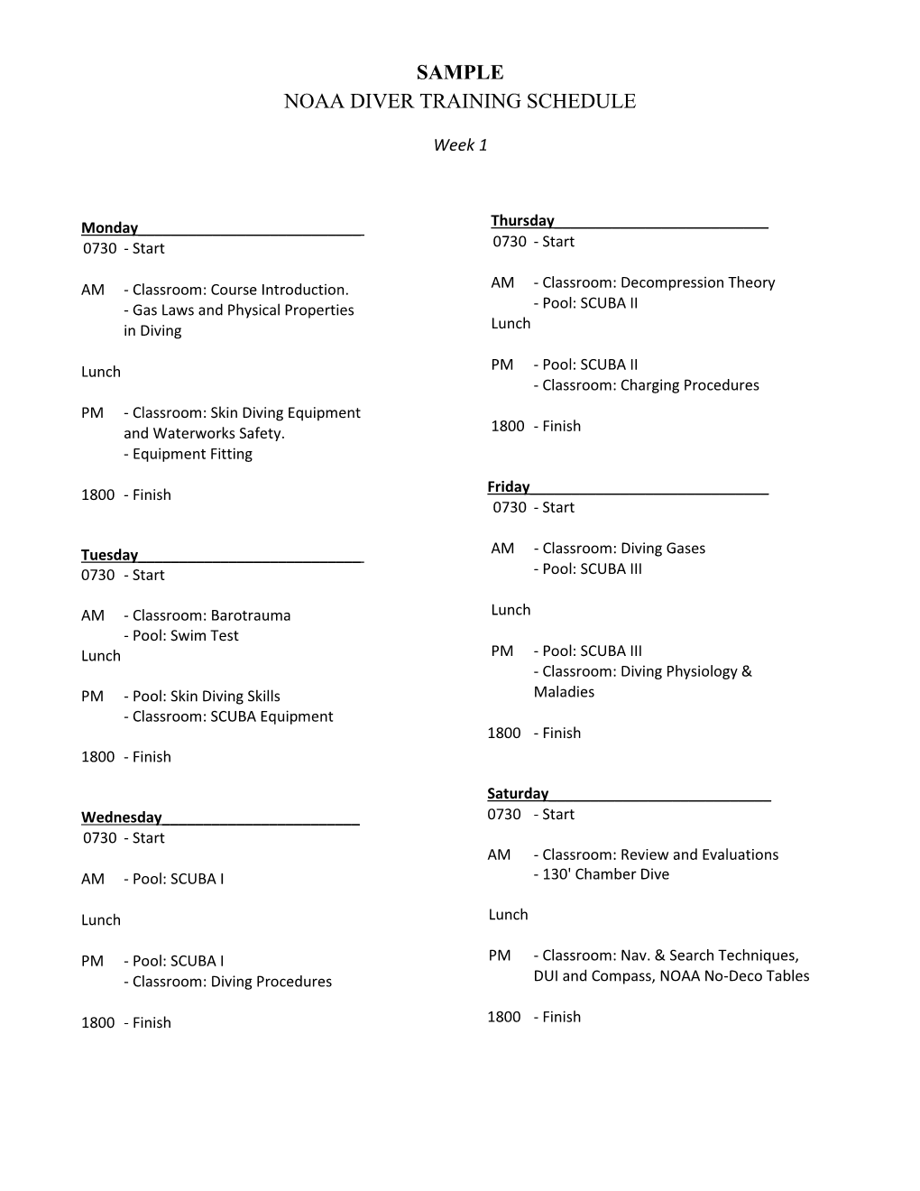 Sample Noaa Diver Training Schedule