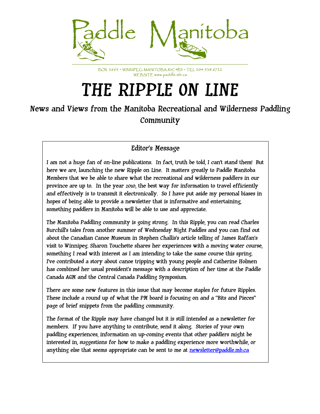 THE RIPPLE on LINE News and Views from the Manitoba Recreational and Wilderness Paddling Community
