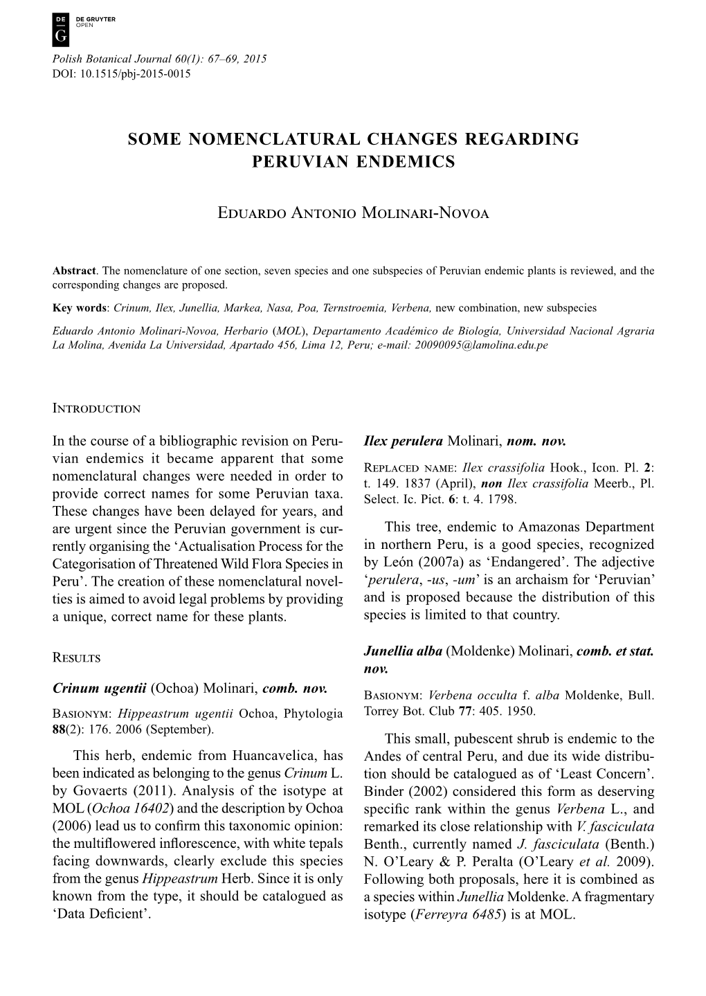 Some Nomenclatural Changes Regarding Peruvian Endemics