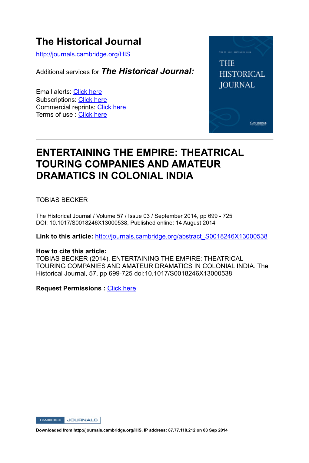 Theatrical Touring Companies and Amateur Dramatics in Colonial India