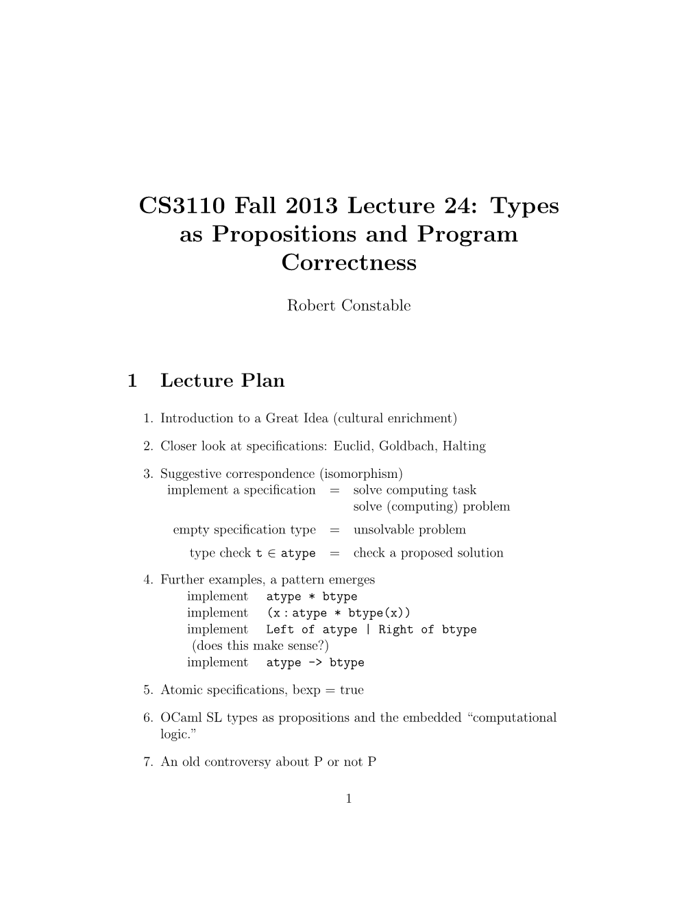 CS3110 Fall 2013 Lecture 24: Types As Propositions and Program Correctness