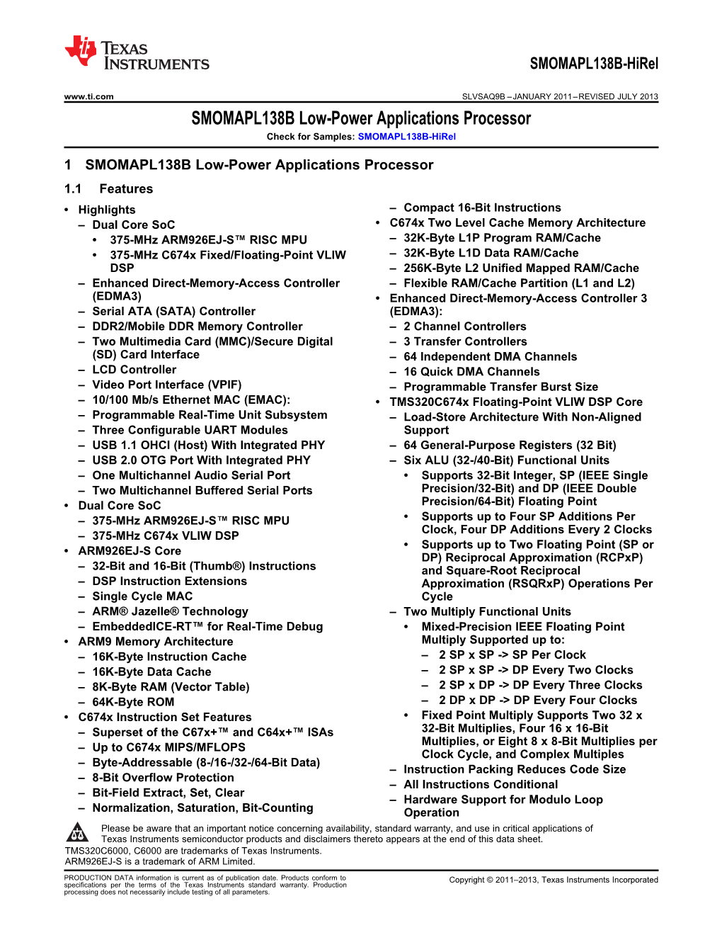 SMOMAPL138B-HIREL Low-Power Applications Processor Datasheet