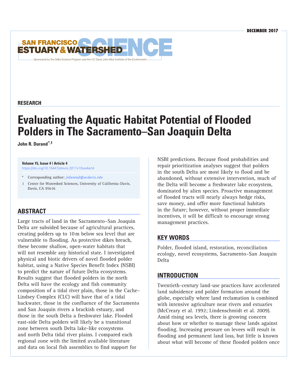 Evaluating the Aquatic Habitat Potential of Flooded Polders in the Sacramento–San Joaquin Delta John R