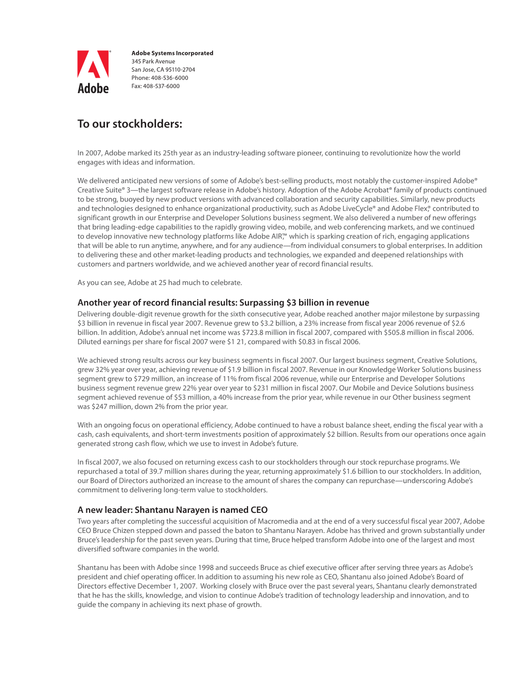 Adobe Systems Incorporated FY2007 Letter to Stockholders