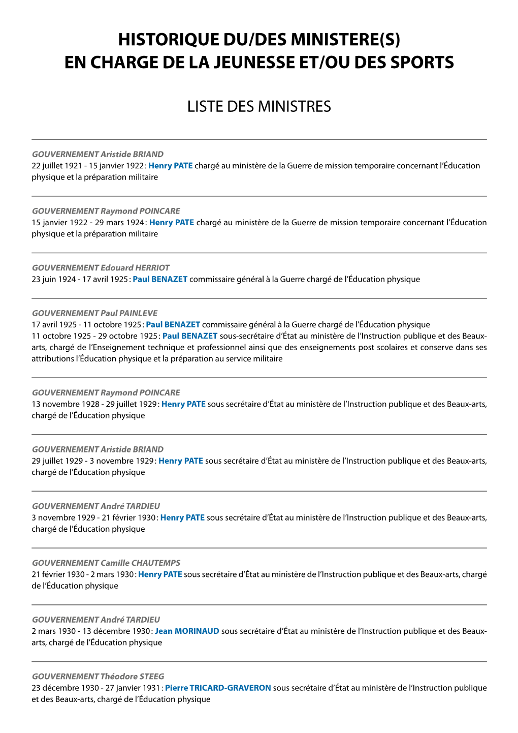 Historique Du/Des Ministere(S) En Charge De La Jeunesse Et/Ou Des Sports