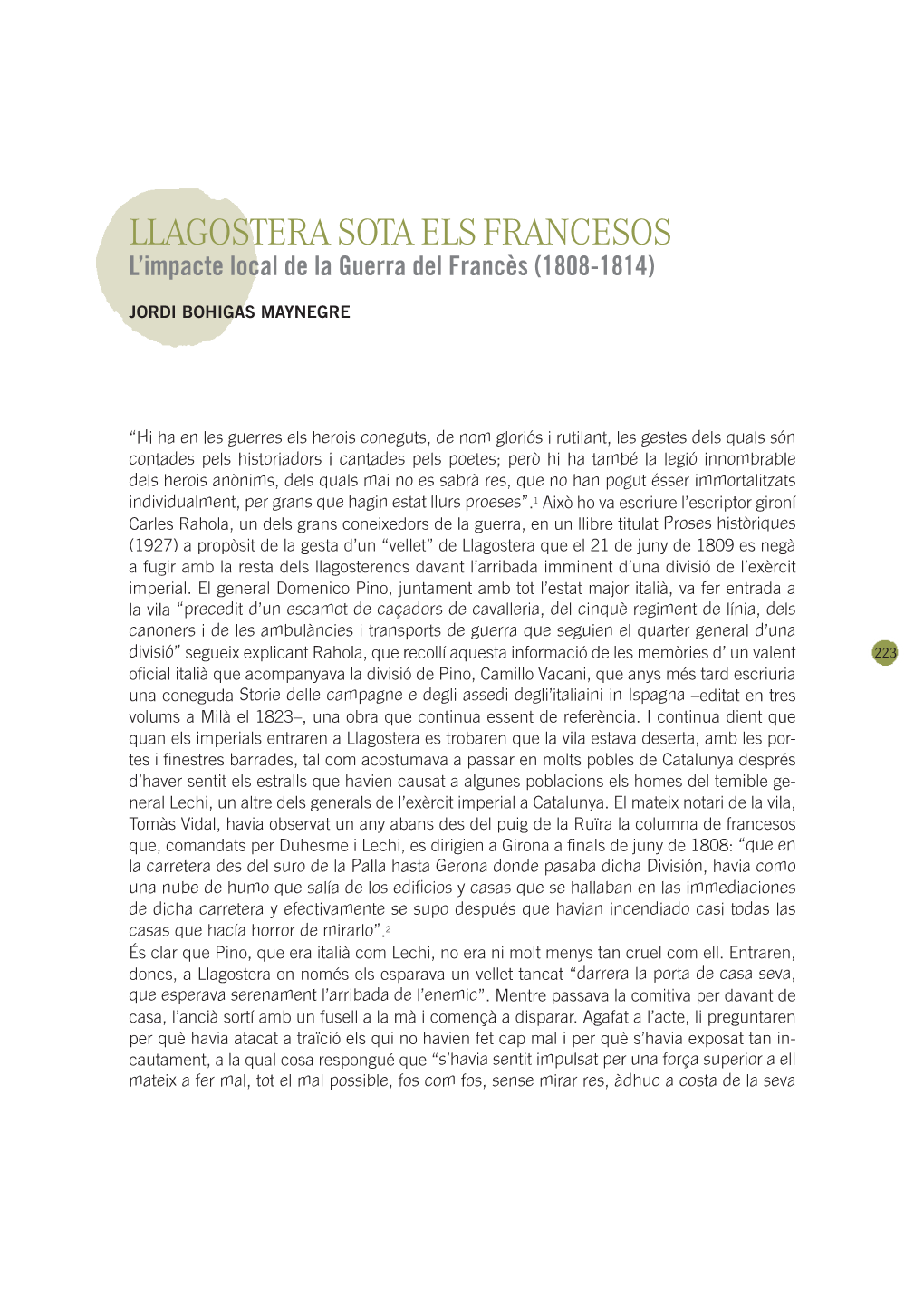 Llagostera Sota Els Francesos. L