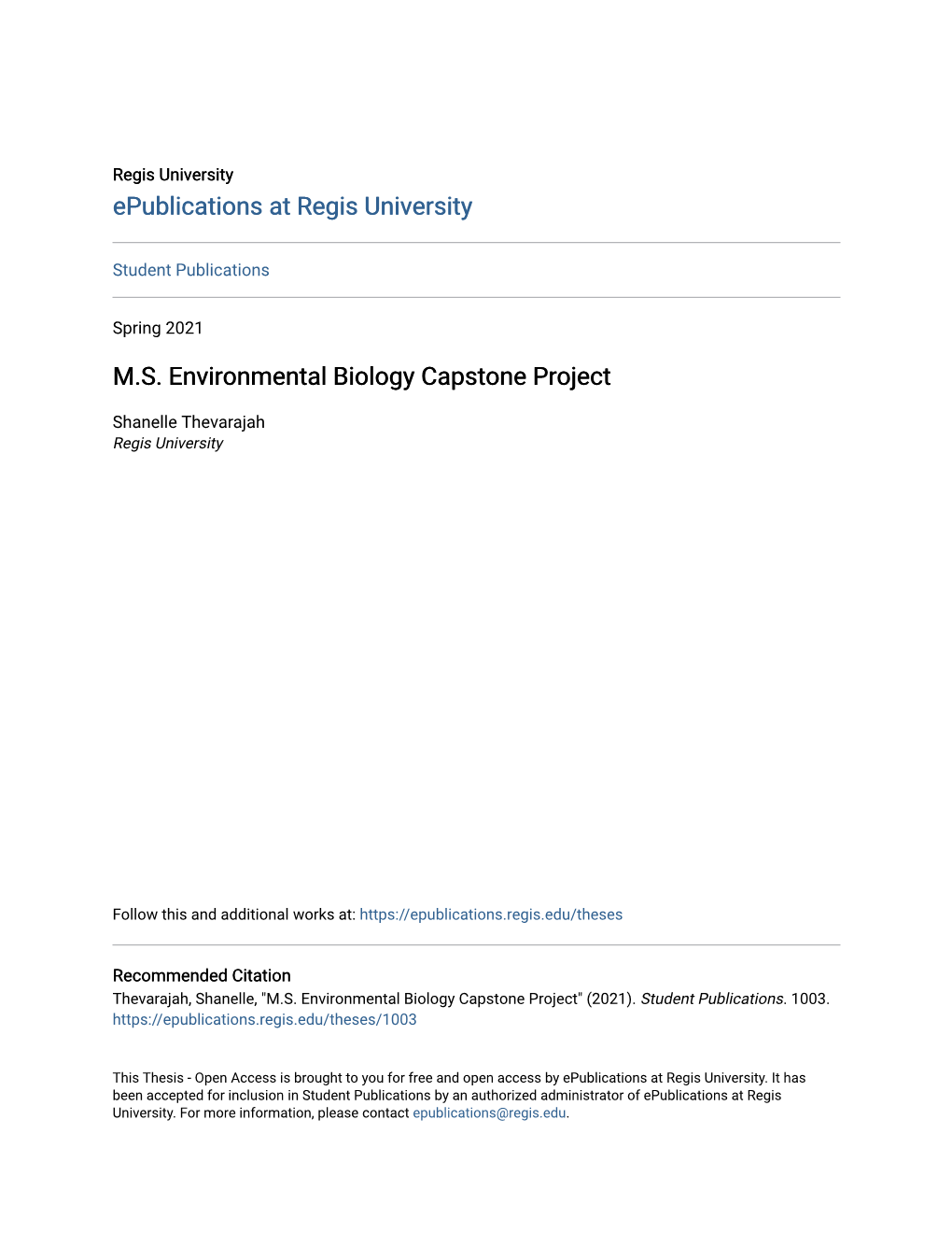 M.S. Environmental Biology Capstone Project