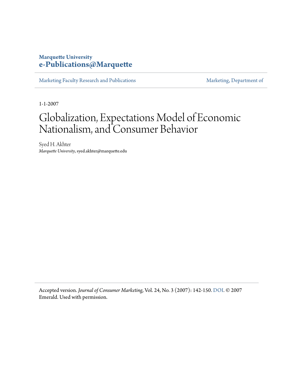 Globalization, Expectations Model of Economic Nationalism, and Consumer Behavior Syed H