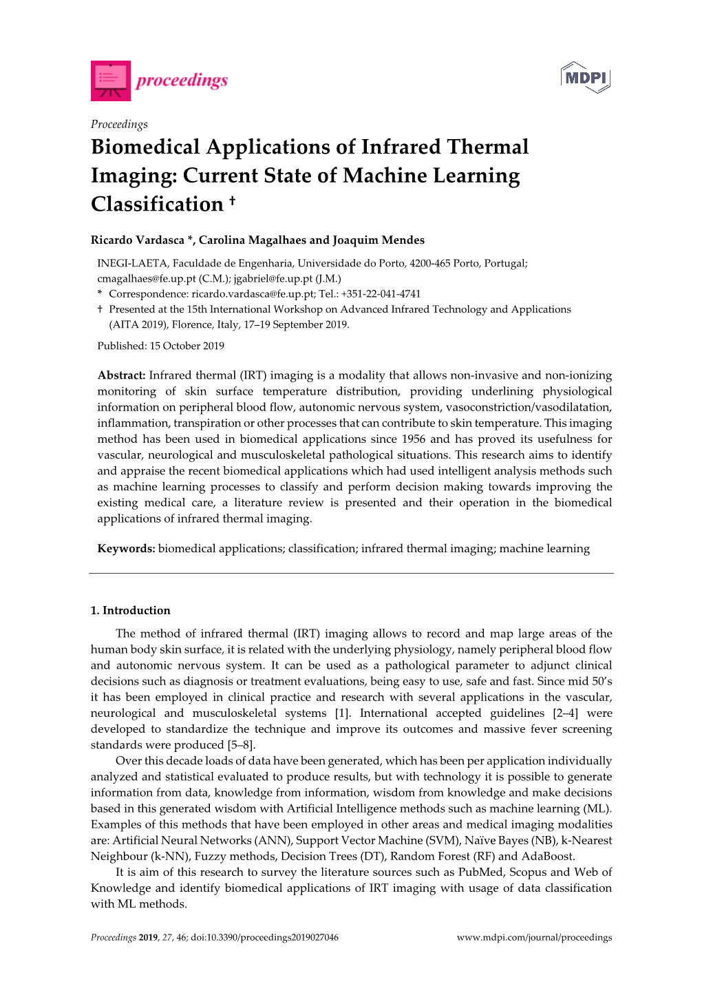 Biomedical Applications of Infrared Thermal Imaging: Current State of Machine Learning Classification †