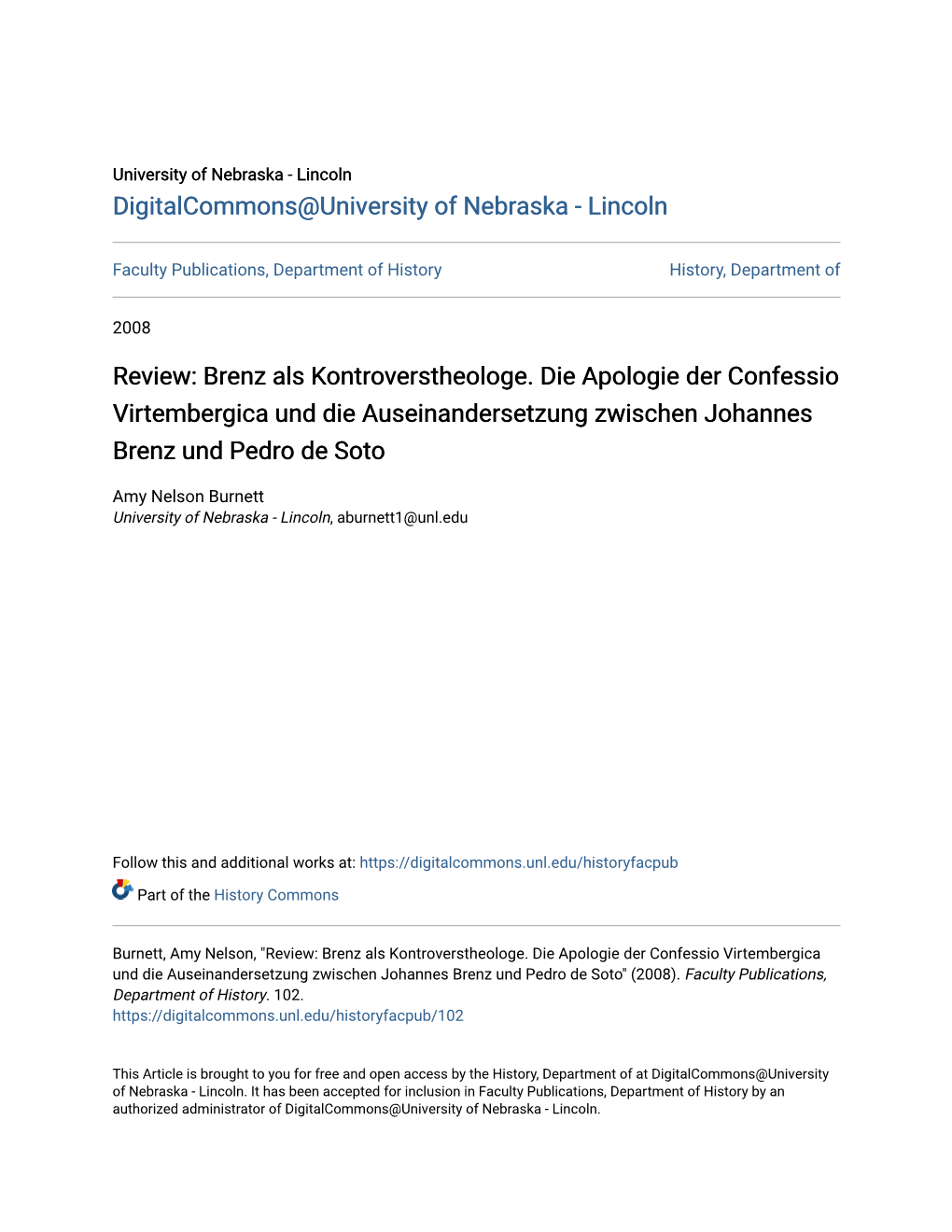 Review: Brenz Als Kontroverstheologe. Die Apologie Der Confessio Virtembergica Und Die Auseinandersetzung Zwischen Johannes Brenz Und Pedro De Soto