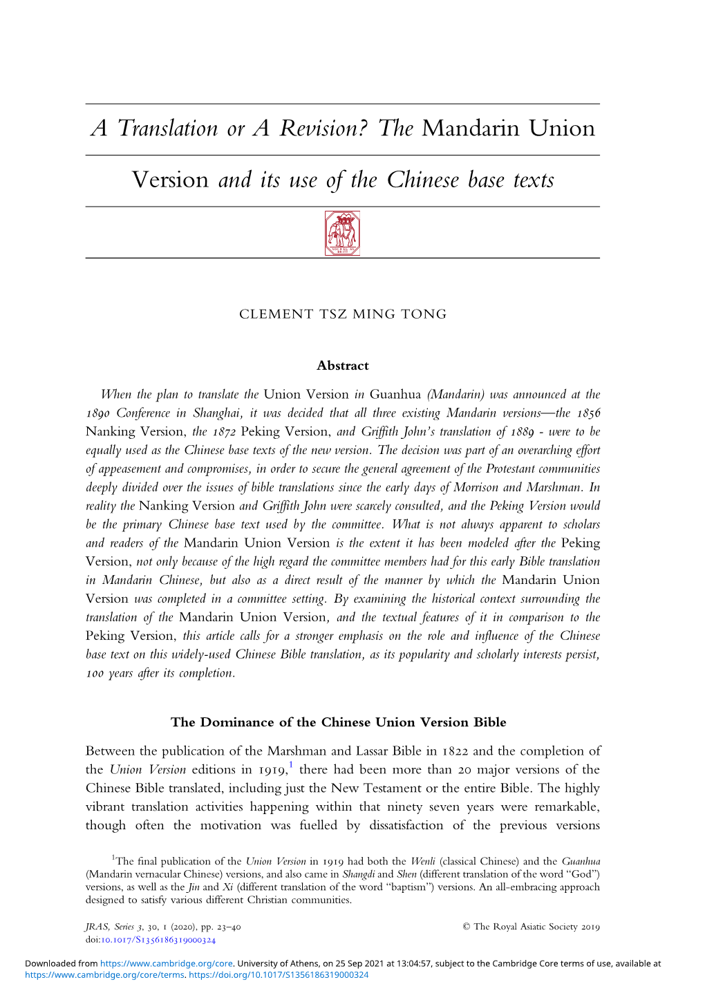 A Translation Or a Revision? the Mandarin Union Version and Its Use of the Chinese Base Texts