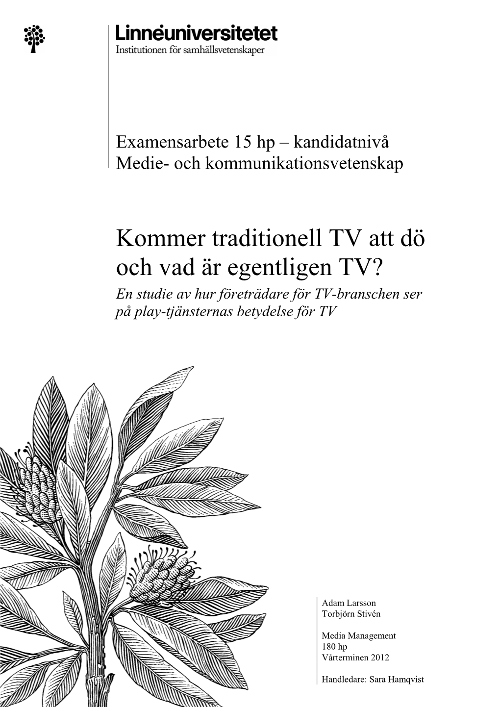 Kommer Traditionell TV Att Dö Och Vad Är Egentligen TV? En Studie Av Hur Företrädare För TV-Branschen Ser På Play-Tjänsternas Betydelse För TV