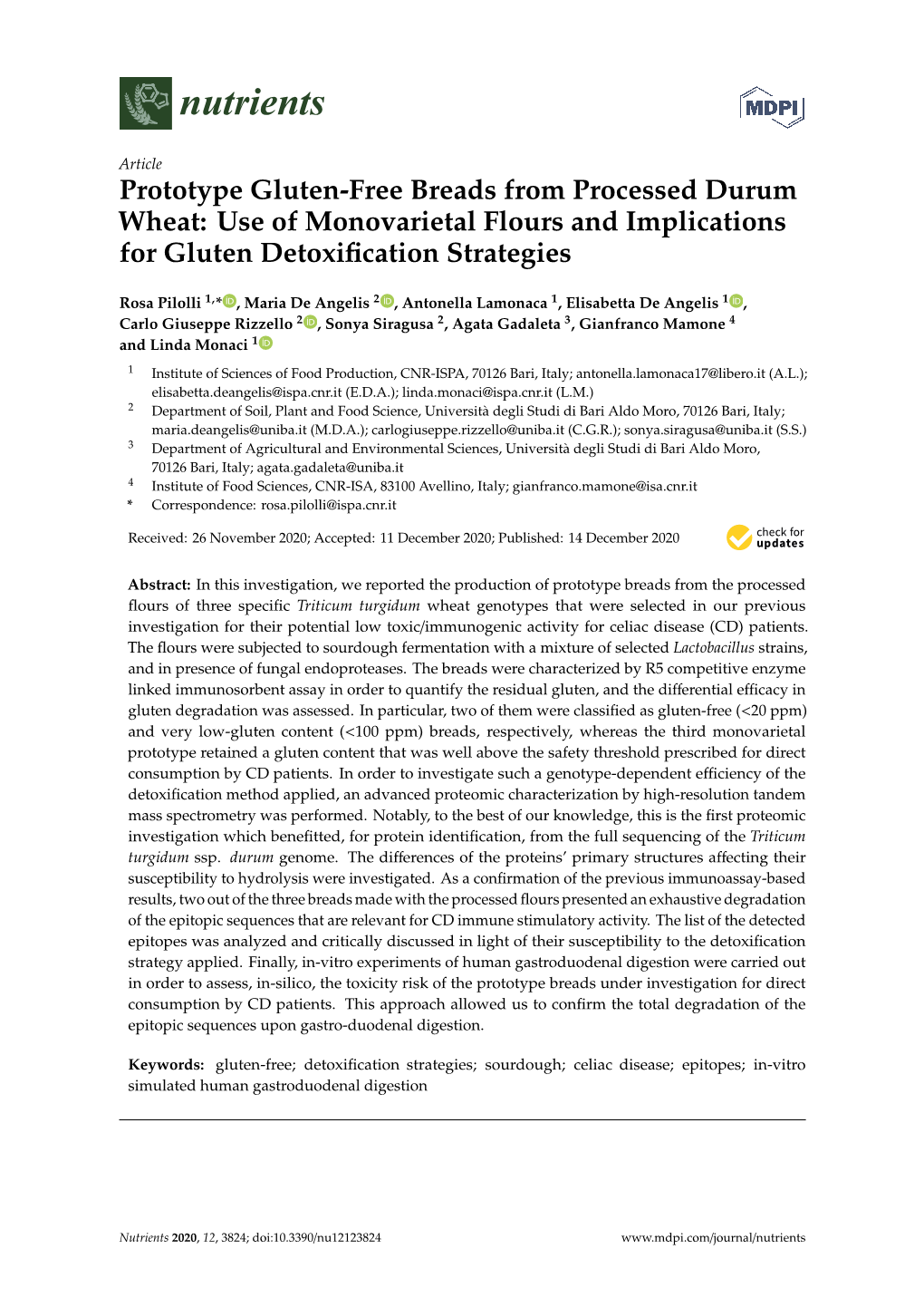 Prototype Gluten-Free Breads from Processed Durum Wheat: Use of Monovarietal Flours and Implications for Gluten Detoxiﬁcation Strategies