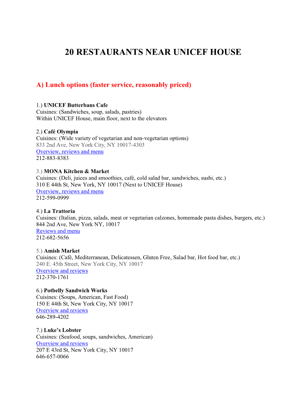 List of Restaurants Near UNICEF House