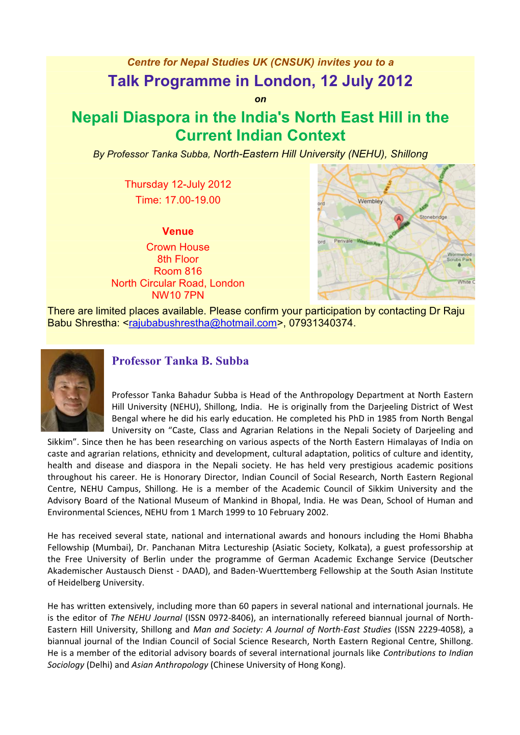 Talk Programme in London, 12 July 2012 Nepali Diaspora in the India's