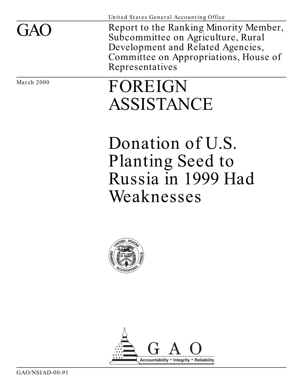 GAO FOREIGN ASSISTANCE Donation of U.S. Planting Seed To