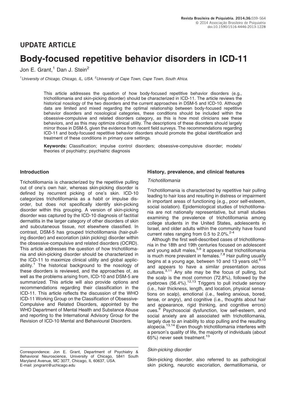 Body-Focused Repetitive Behavior Disorders in ICD-11 Jon E