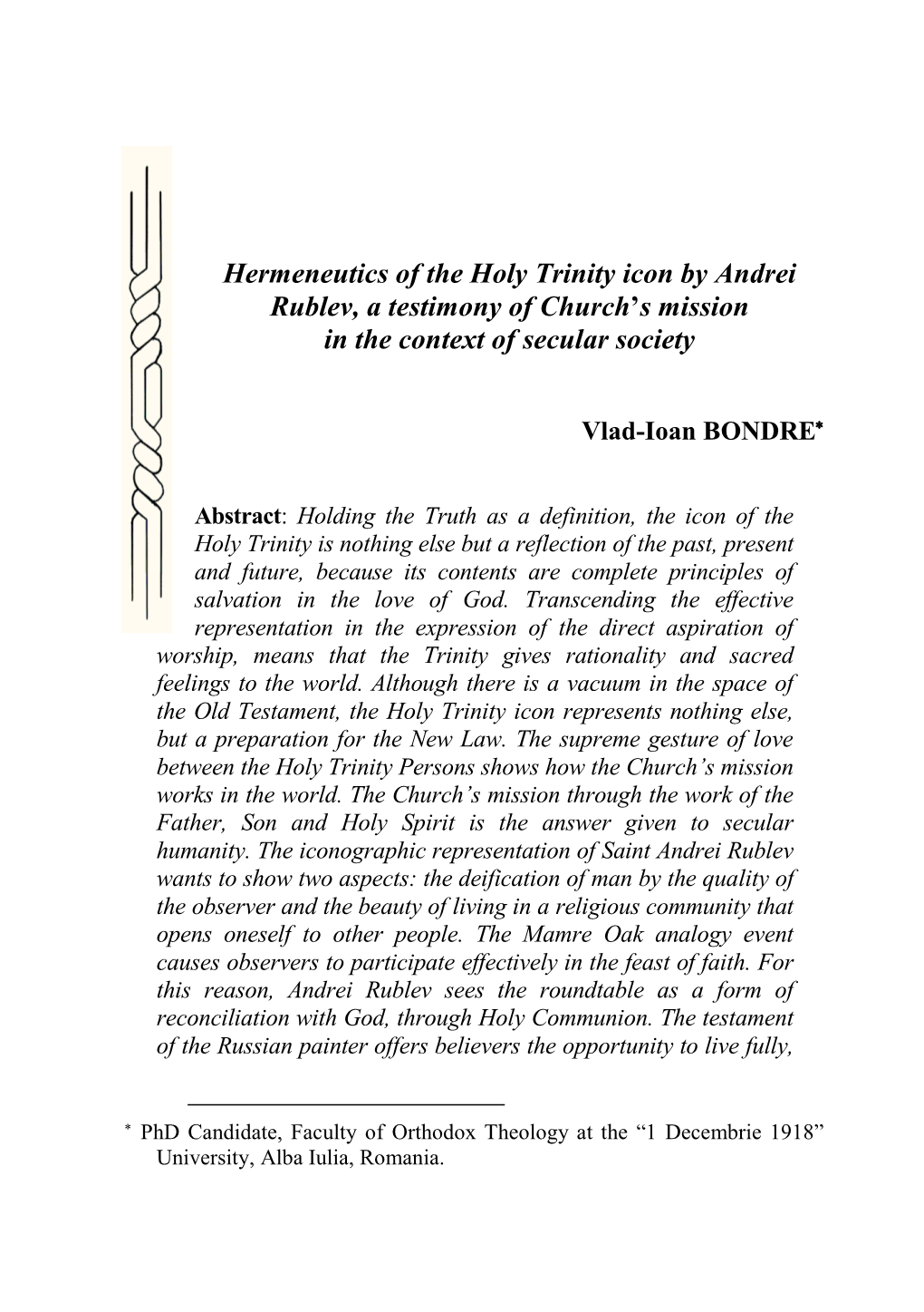 Hermeneutics of the Holy Trinity Icon by Andrei Rublev, a Testimony of Church’S Mission in the Context of Secular Society