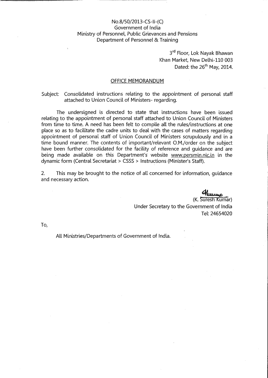 Consolidated Instructions- Entitlement of Personal Staff of Ministers