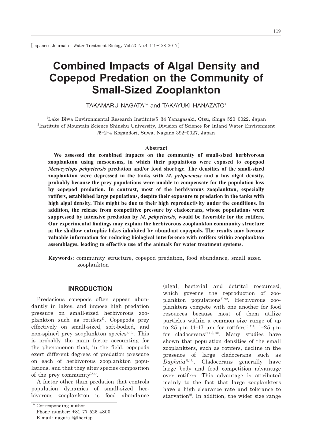 Combined Impacts of Algal Density and Copepod Predation on the Community of Small-Sized Zooplankton